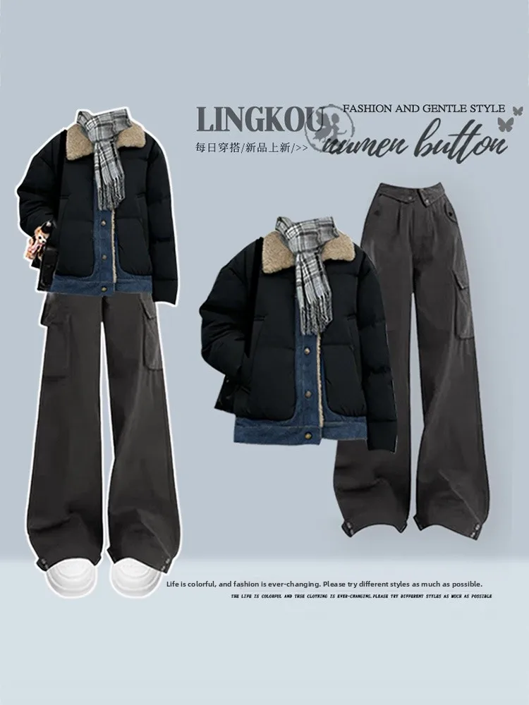 

Женский джинсовый комплект-двойка с пэчворком: укороченный топ и брюки с высокой талией, корейский стиль, для работы и повседневной носки, омолаживающий эффект