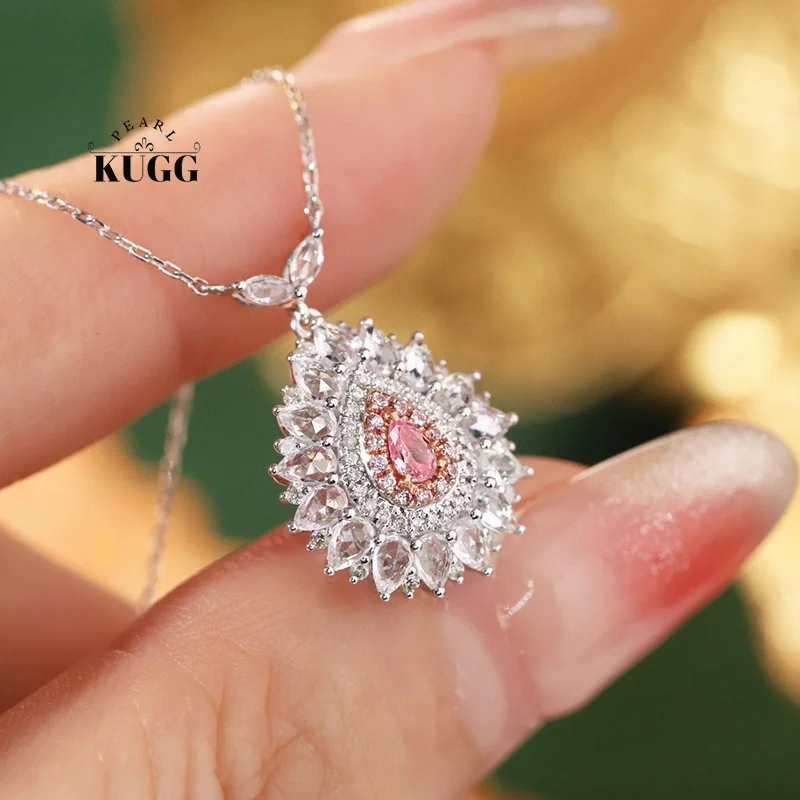 KUGG 100% 18K White Gold Necklace Romantic White Aquamarine Real Natural Pink Diamond Necklace for Women High Wedding Jewelry