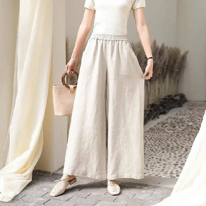 กางเกงขายาวเอวสูงผ้าฝ้ายลินินทรงขากว้างสำหรับผู้หญิง สไตล์ลำลอง ทรงตรง หลวม สบาย ความยาวเก้าส่วน