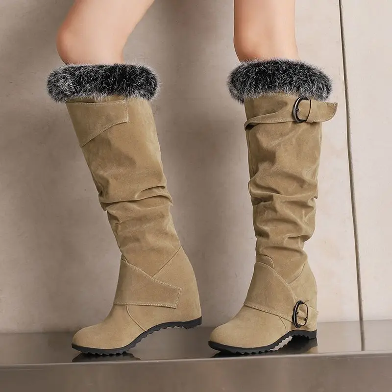 

Girseaby Fashion Women's Knee-High Boots Round Toe 7cm Wedge Heel Flock Suede Pleated Belt Buckle Large Size 42-43 Party Dating