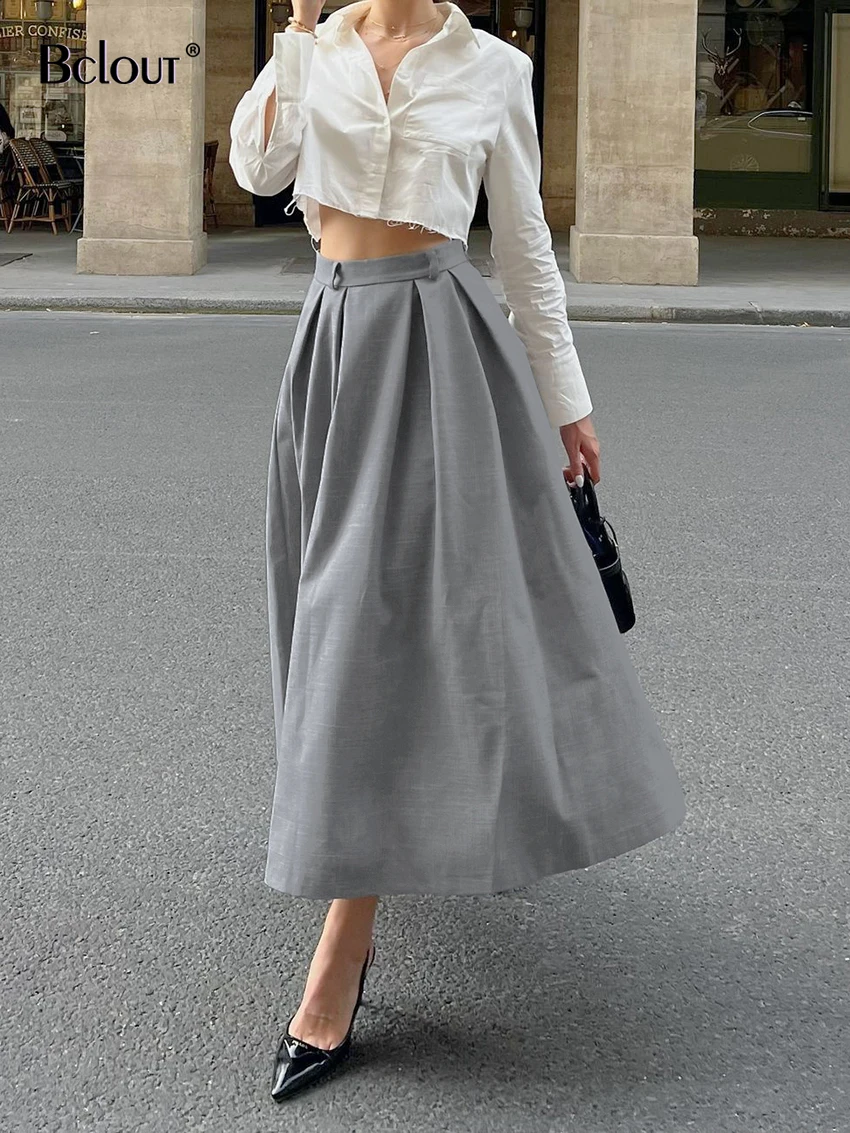 

Bclout Fashion Gray Long Skirts Women 2024 Elegant Solid Office Lady A-Line Skirts Autumn High Waist Party Pleated Skirts Female