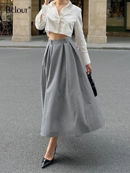 Bclout Fashion Gray Long Skirts Women 2024 Elegant Solid Office Lady A-Line Skirts Autumn High Waist Party Pleated Skirts Female