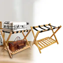 Luggage Rack Foldable Bamboo Portable Organizer Two Tier Shelf Suitcase Stand