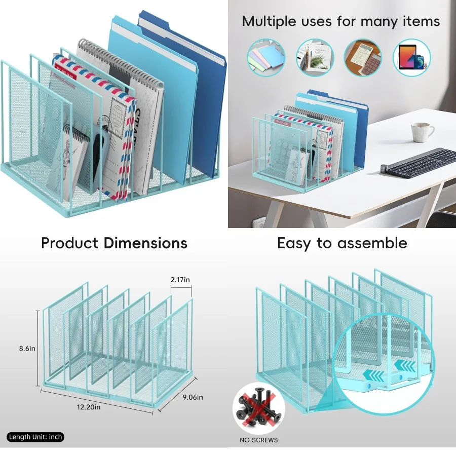 

5-Section Vertical File Sorter with Standing Metal Paper Holder Organizer for Office Home Classroom Desk Storage Efficient Docu