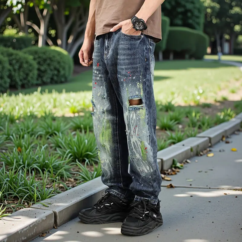 American Graffiti High Street Trendy Brand Printed Hand drawn Jeans for Men, Loose Straight Tube, Sagging, Handsome Pants