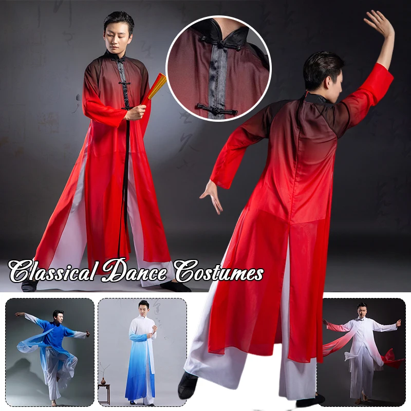 Men Chinese Classical Dance Performance Costume Elegant Chiffon Flowy Gradient Ink Robe Tai Chi KungFu Martial Art Uniform