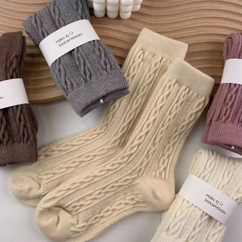 Korean Style Winter Socks Women Synthetic Wool Thick Warm Middle Tube Sock Ladies Pure Color Soft Comfortable Socks Calcetines