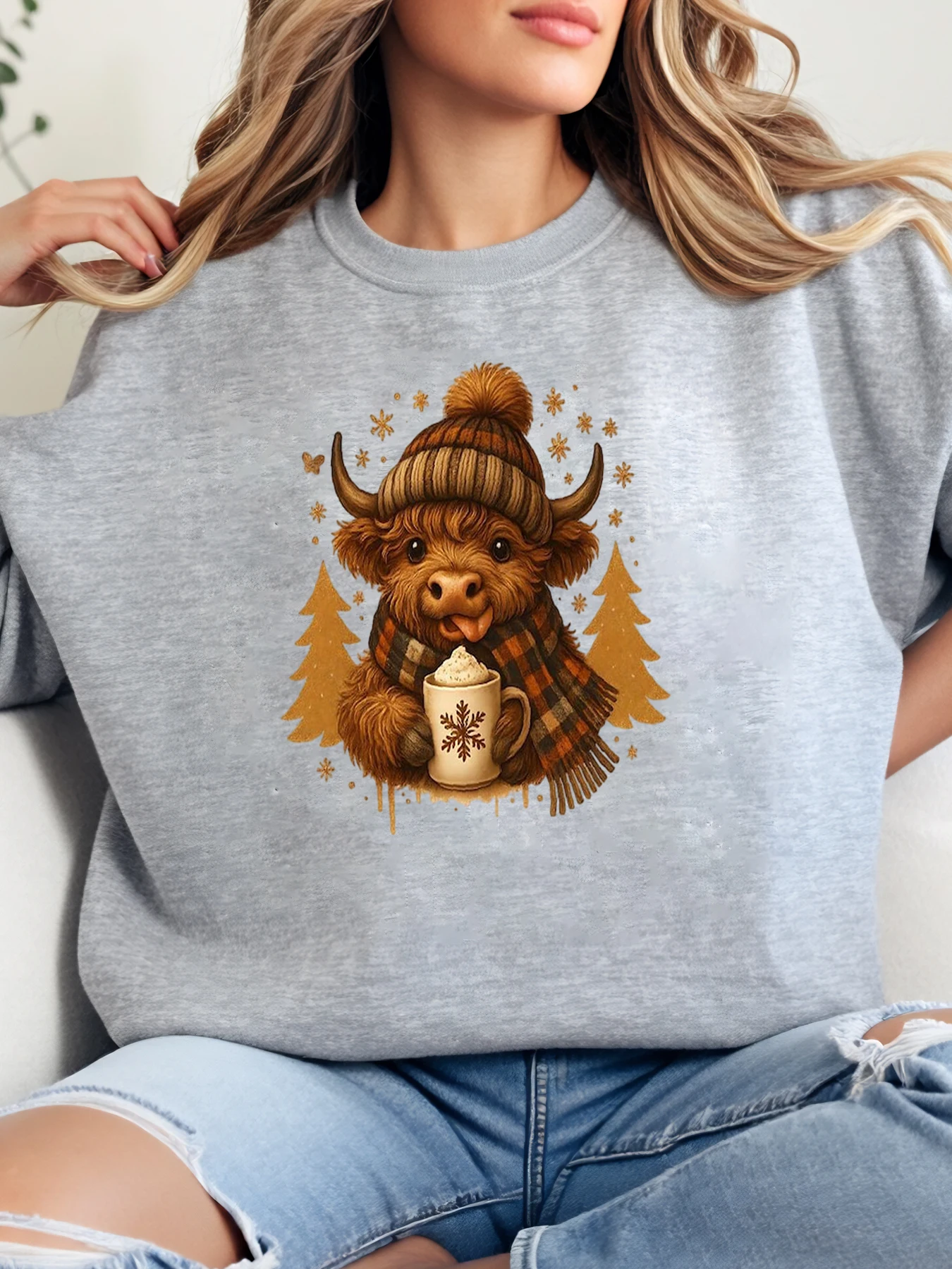 بقرة عيد الميلاد مع جارلاند ووشاح طباعة عطلة البلوز المرأة ملابس شتوية غير رسمية رمادي حجم كبير