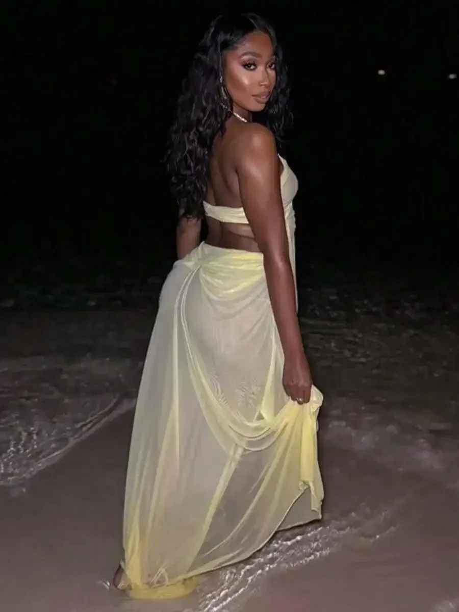 

Elegant Sheer Yellow Beach Dress For Women, Low Cut Backless Vacation Gown