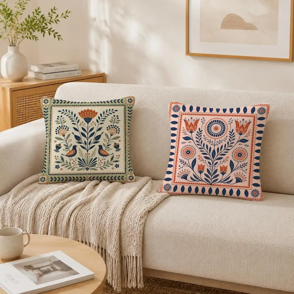 Folk Art Floral Summer Woodland Pillow Case Double-Sided Plush Sofa Cushion Covers Organic Breathable Invisible Zipper