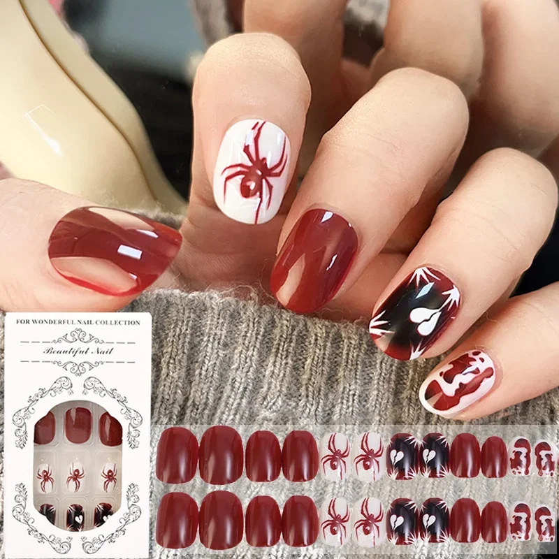 24Pcs/box Red Spider Printed False Nails Halloween Nail Art Decor Press on Nails for Girl Gifts Short Round Cool Style Fake Nail