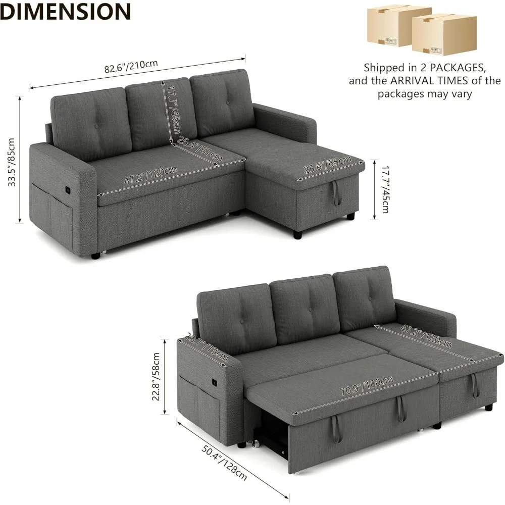 Sectional Sofa L-Shaped Sofa Couch Bed with Chaise & USB,Couch Sleeper Pull Out Bed & Storage Space, 3-seat Fabric Convertible