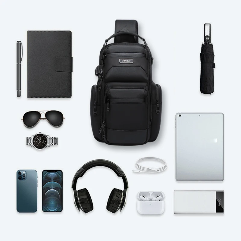 OZUKO Men's High-End Black Crossbody Bag Waterproof, lightweight, Multifunctional Commuting and Leisure Men's Shoulder Bag