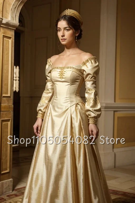 

Medieval Victorian Princess Ball Gown Boat Neck Lace Appliqué Long Sleeve A-Line Floor Length Evening Dress Customized