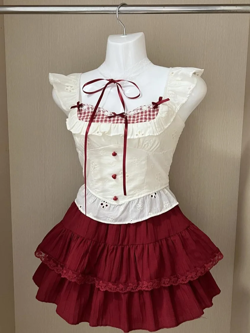 

Летний новый модный комплект из топа и юбки в клетку с пышными рукавами и дизайнерскими вставками, укороченный рукав, маленький размер