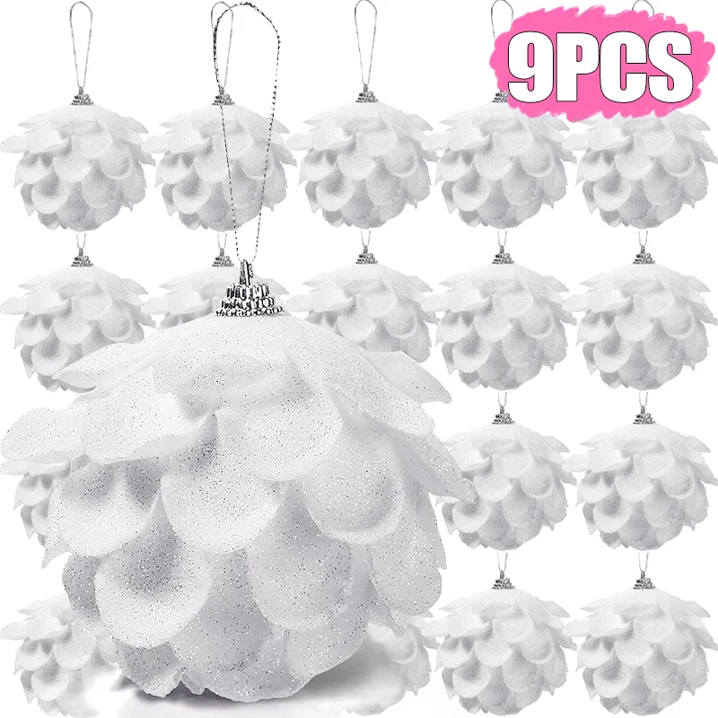 9/3x Christmas Tree Ornaments White Glitter Petal Shape Balls Foam Snow Ball Sparkling Foam Flower Hanging Decorations for Tree