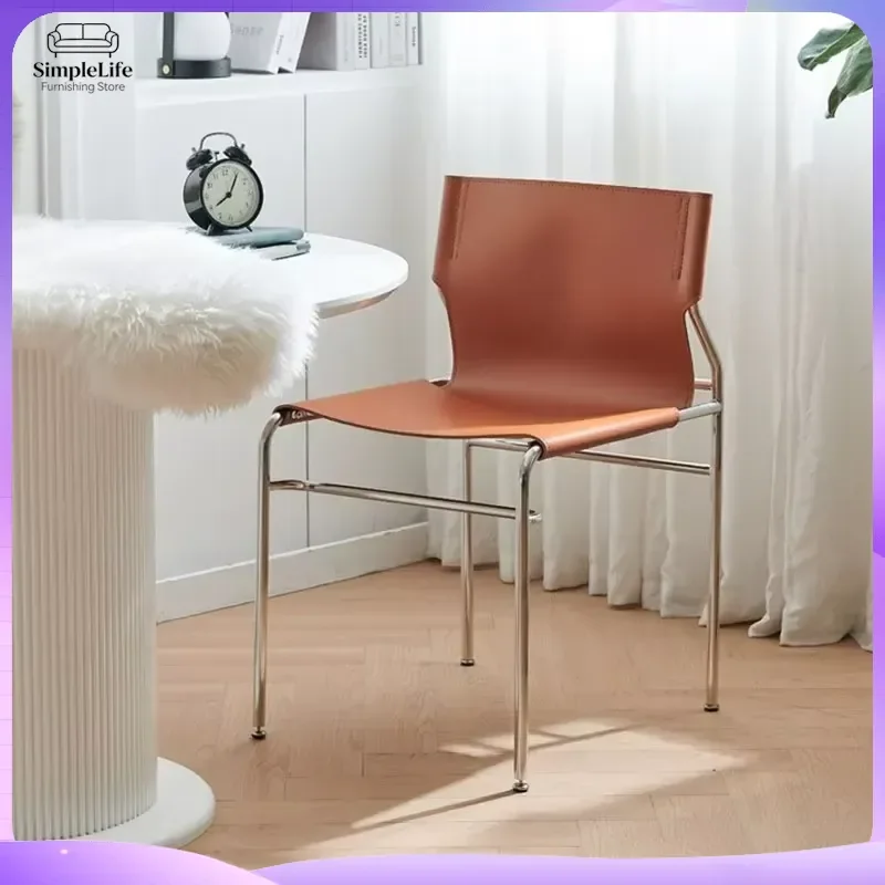 Antique Dining Chair Stainless Steel Scandinavian Bauhaus Modern Saddle Leather Backrest Dining Room Chair Home Furniture