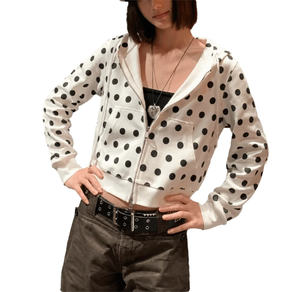 New Polka Dot Printing Women Hoodies Zipper Closure Casual Sweatshirts Slim Fit Zipper Jacket Top for Women