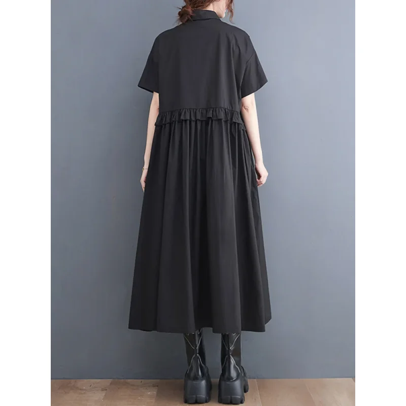 2025 Spring Summer New Patchwork Shirt Dresses For Women Short Sleeve Loose Casual Vintage Long Dress Fashion Elegant Clothing