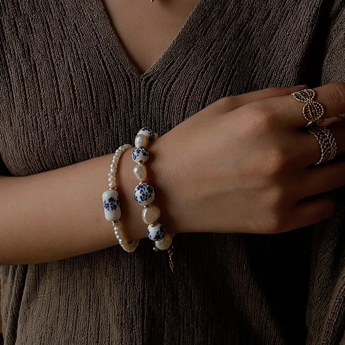 Vintage  Porcelain Pearl Bracelet Set Baroque Freshwater Pearl Floral Ceramic Bead Stackable Bracelets Women Daily Jewelry