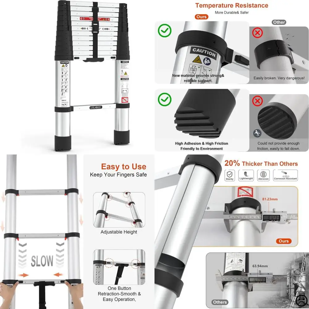 سلم تصغير من الألومنيوم بطول 12.5 قدم، امتداد خفيف الوزن، تراجع الأزرار، آلية تبطئة، سلم متعدد الأغراض للمنزل #1