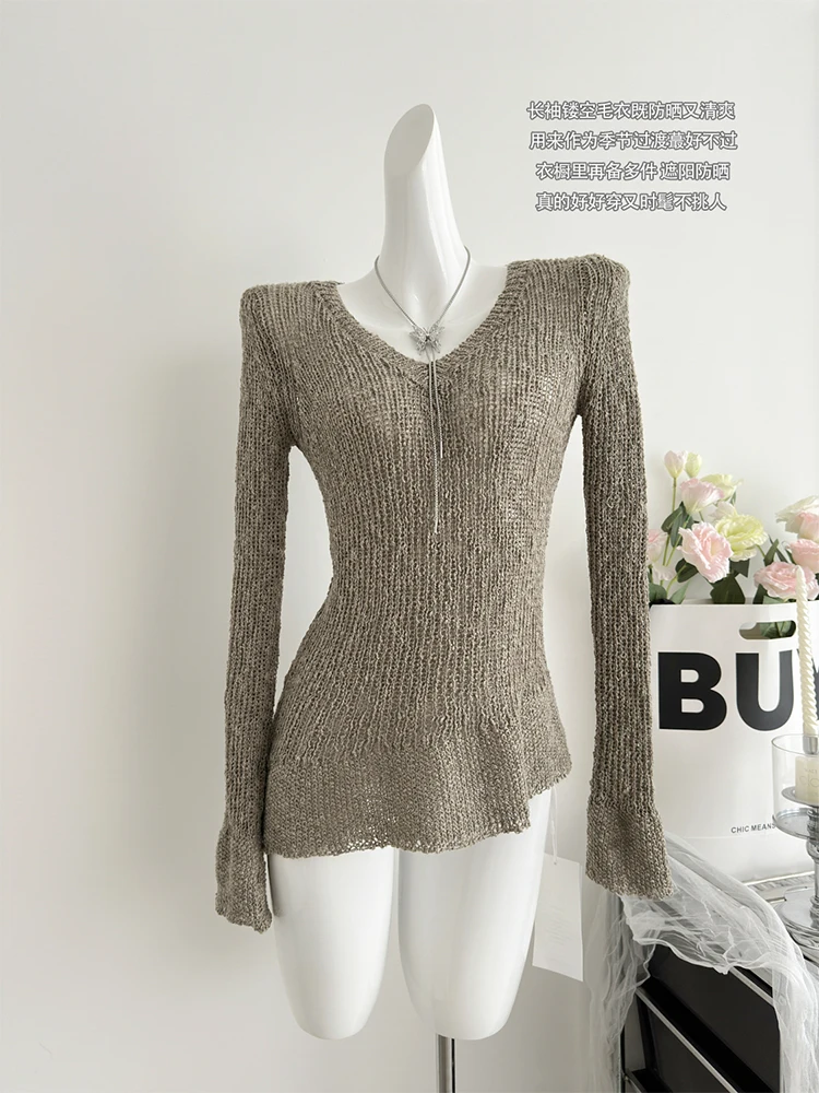 Autumn Winter Woman French Vintage Jumper Solid Color V-Neck Sweater Long Sleeve Pullovers Knitwear Aesthetic Simple Hollow Out