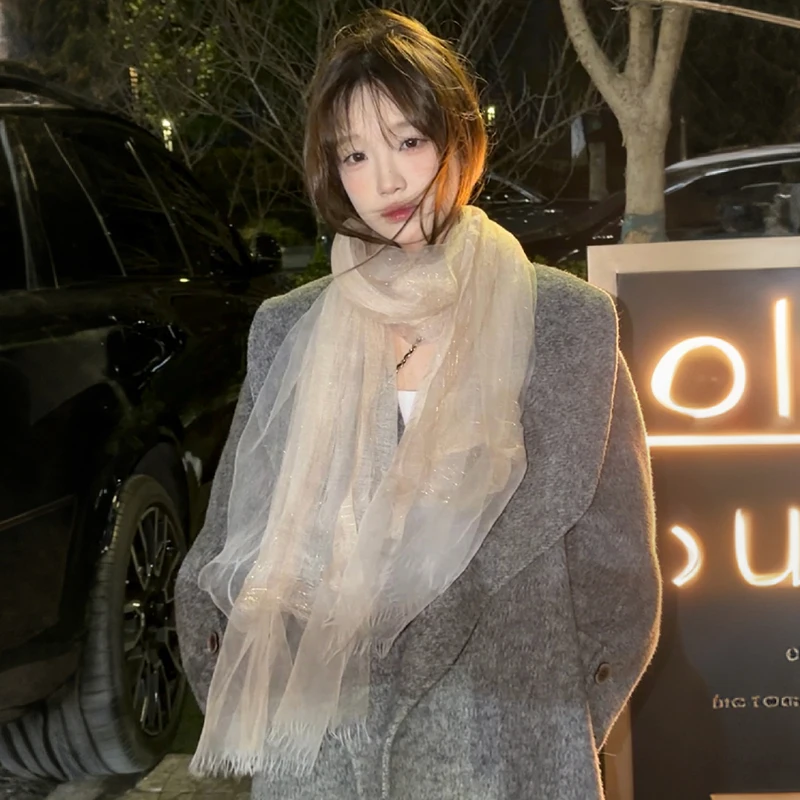 wupipi-木製調の二重層春夏エレガンスヨーロッパオーガンザシルクスカーフ女性の雰囲気新しいスタイルショール