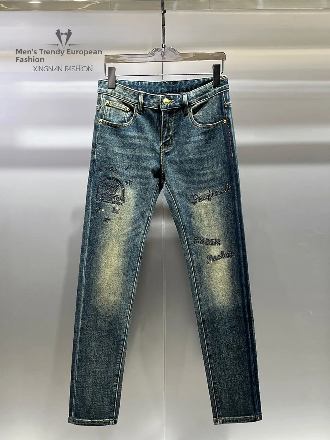 

Retro Waed Slim Fit Men's Jeans with Embroidery And Rhinestones Autumn Winter Faion Casual Korean Sle Small Footed Pants