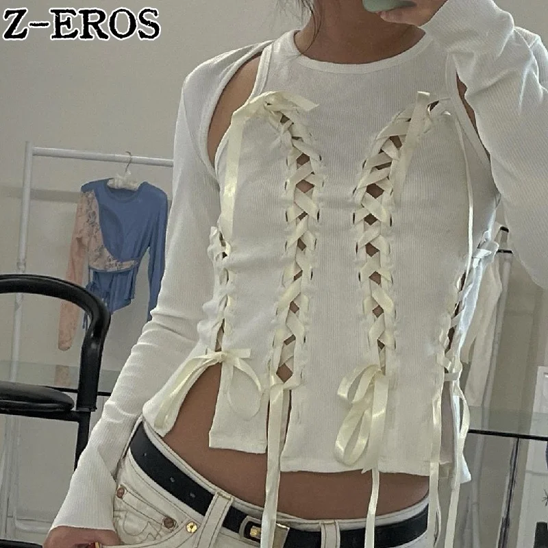 Z-EROS Women's Crop Top Aesthetic Bow Cross Bandage Open O-neck Sleeveless Tank Top Hollow T-shirt Y2K Street Wear Party Vest
