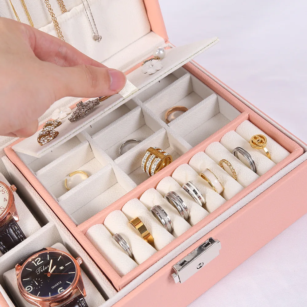 Multi-functional two-layer Leather Drawer-style Jewelry Box Earrings Earrings Lock Jewelry Box