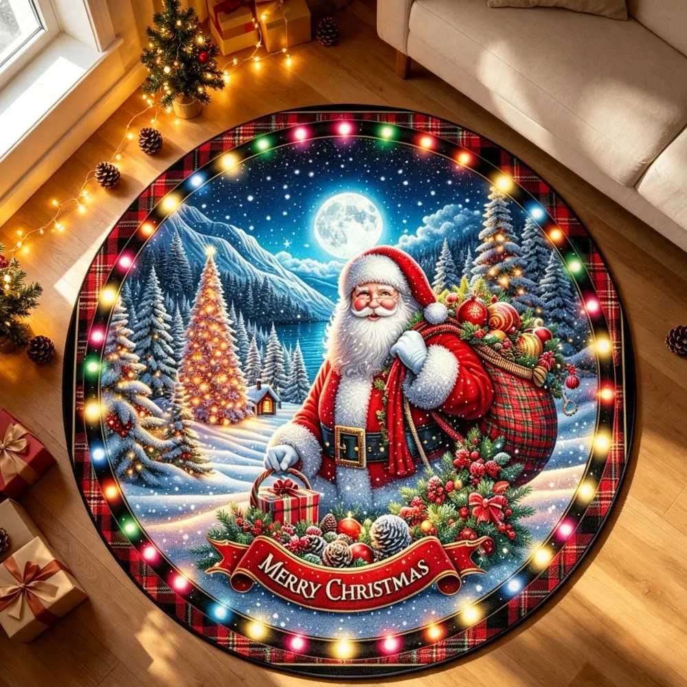 Full Moon Santa Round Area Rug Colorful Light Border Circular Floor Mat Snowy Forest Winter Area Carpet for Mudroom Entry