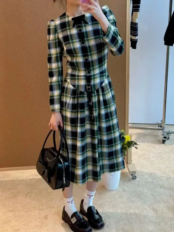 

Retro Plaid Slim Fit Top And High Waist A-Line Skirt Set Autumn Winter plus Size Women's Casual Faion Polyester Fiber