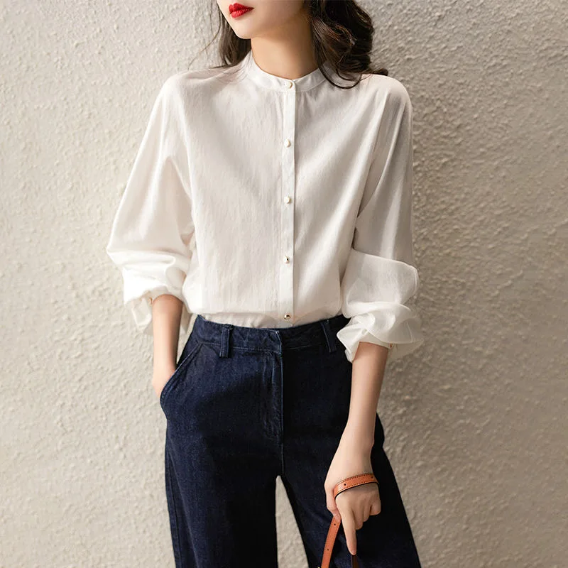 Women Spring Autumn Style Blouses Shirts Lady Casual Long Lantern Sleeve Stand Collar Solid Color Blusas Tops DF4957