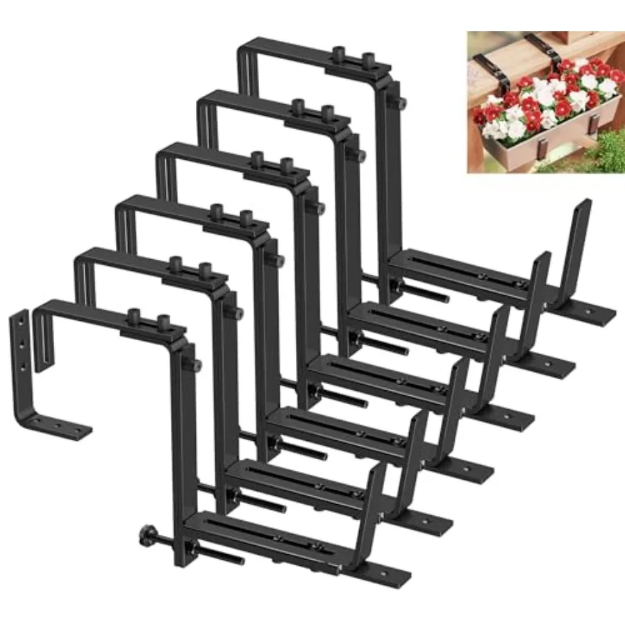 

Deck Railing Adjustable Planter Box Brackets to 1.5 in Universal Heavy Duty Iron Flower Box Brackets Wall Mounting Hooks for Fe