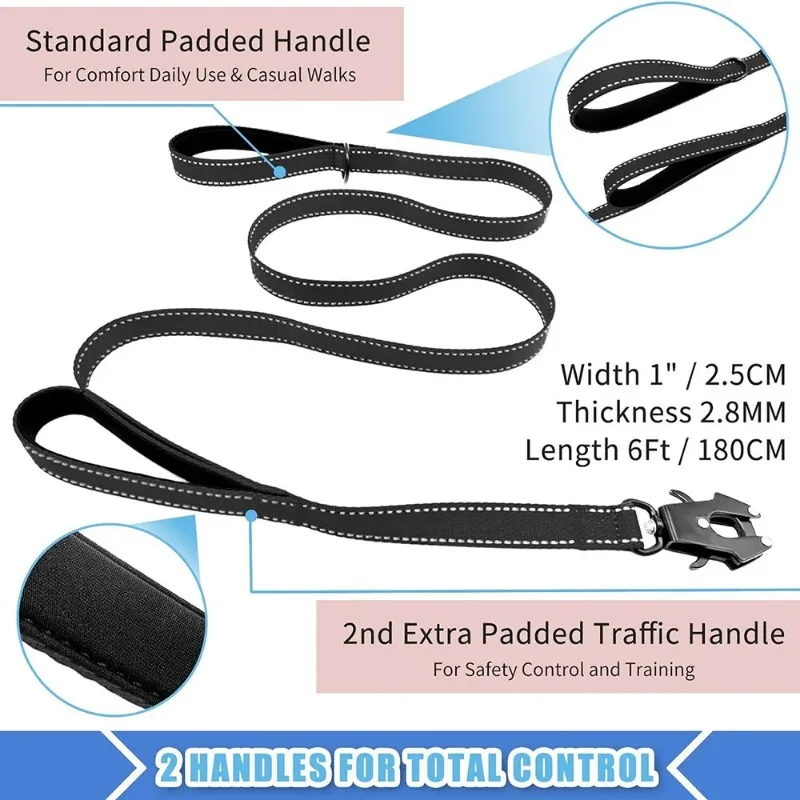 Robuste Outdoor-Hundeleine - Reflektierende Nylon-Hundeleine mit Weich Gepolstertem Doppelgriff & Automatischer Karabinerhaken