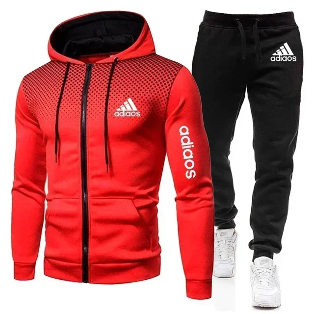 Men\'s new hoodie set, autumn and winter outdoor leisure sports fitness clothing zipper running jacket + sweatpants 2-piece set