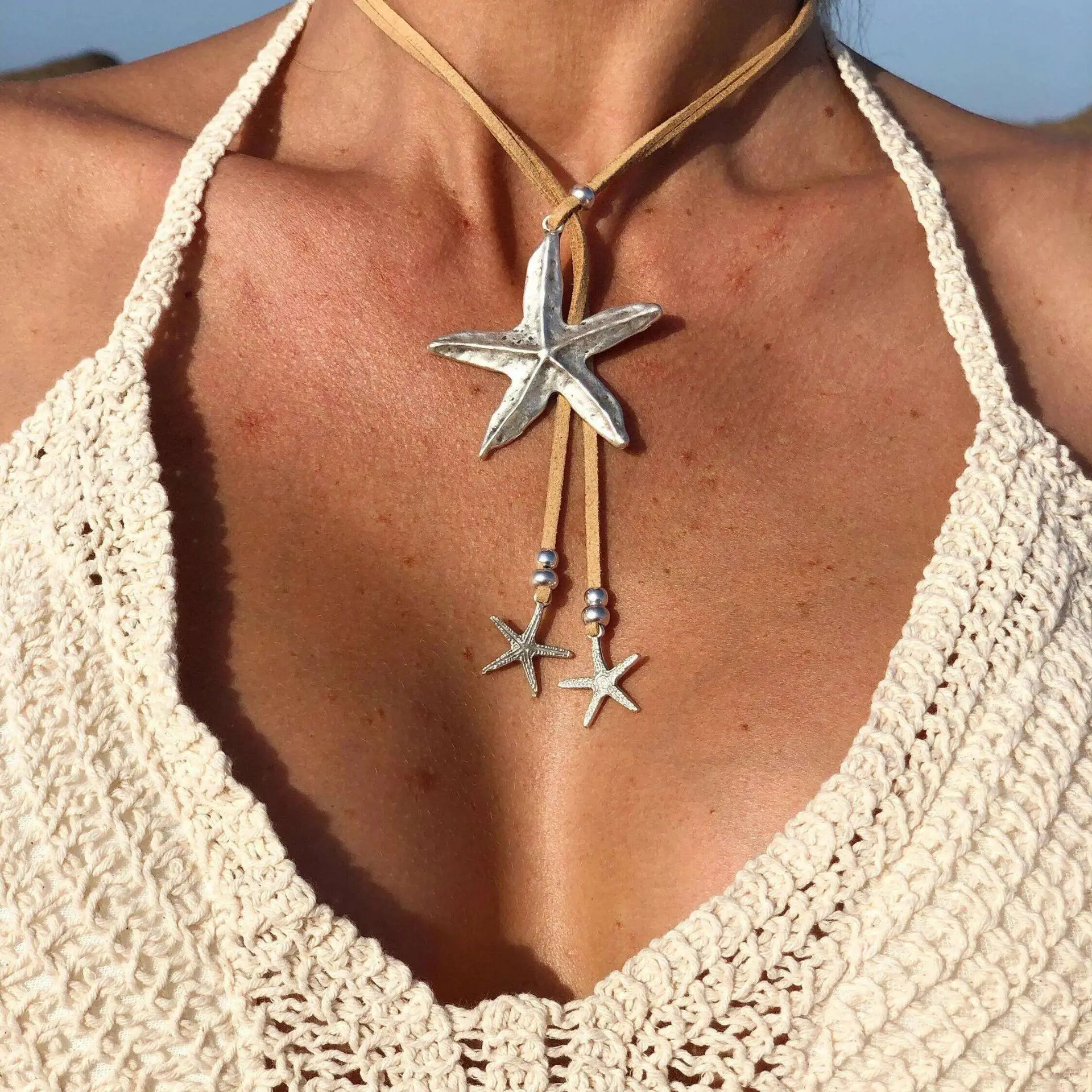 Trendy Boho Summer Starfish Pendant Leather Necklace for Women Beach Bohemia Nekclace Party Jewelry Gift