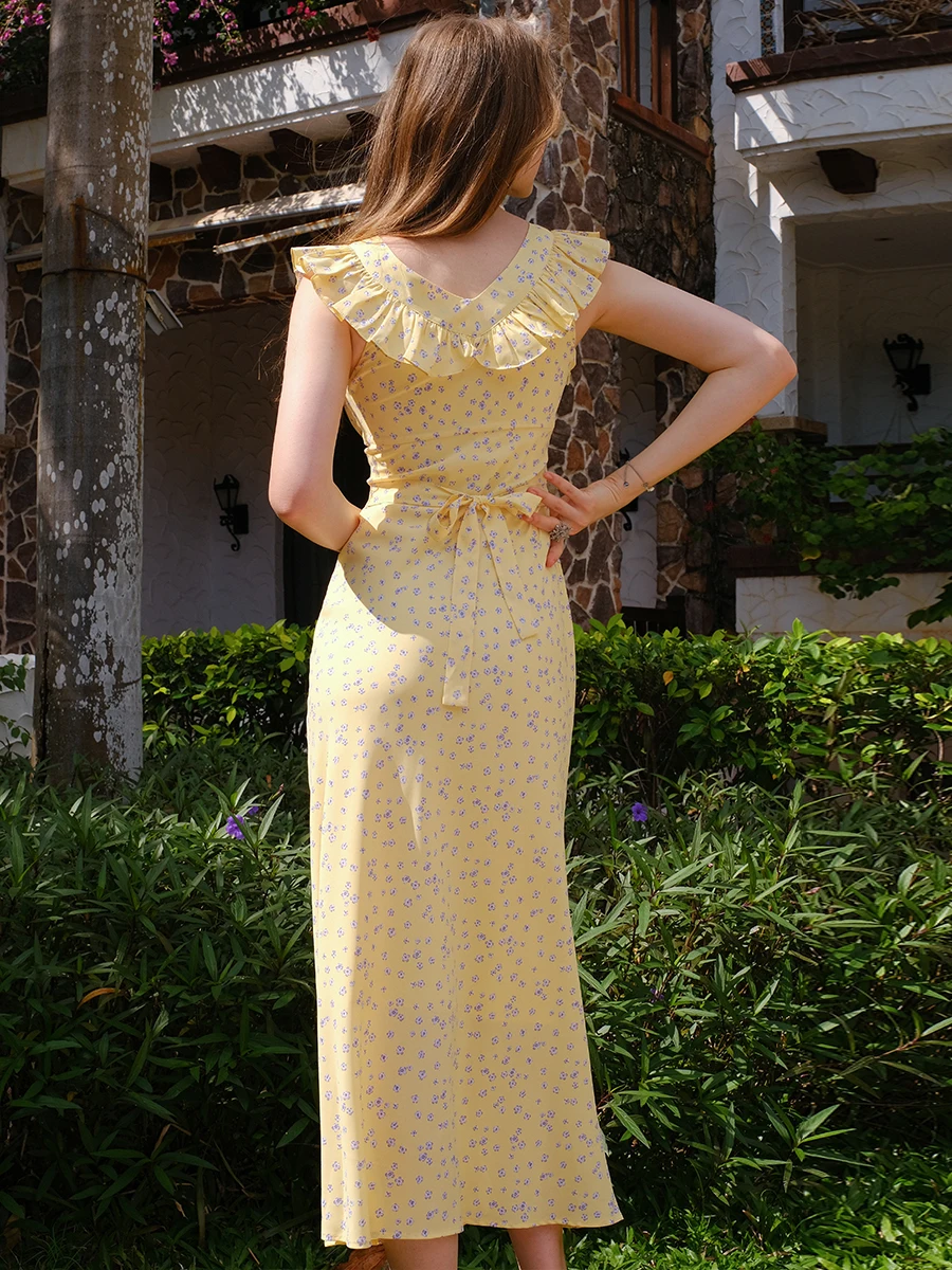 夏の新作花柄プリントレディースドクターイエロースカート、ウエストシェイプ、大きなレースデザイン、ビーチ、バケーション、ハイウエスト、ポリエステル素材