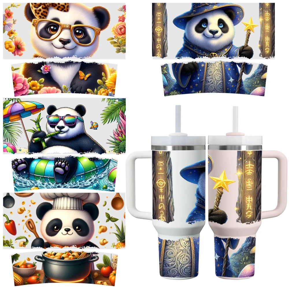 4 Sheets Panda Magic Chef Beach Fashion UV DTF Stickers for 40oz Tumblers Decorative Transfer Paper Waterproof DIY Cup And Mug