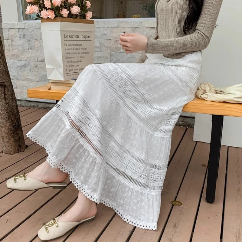 Fairy Embroidered Hollow-out  A-line Maxi  Long Boho White Cotton Skirts