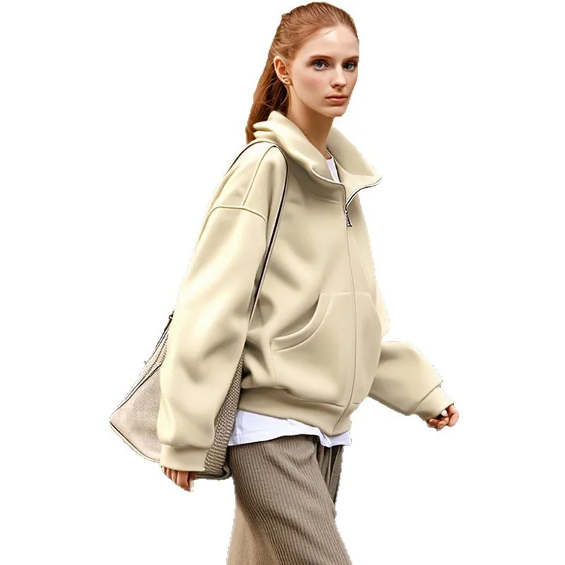 Loose Fit Hooded Hoodies Mid Length Commuter Chic with Zipper Closure Mid Long Length Commuter Style Thick Women Sweatshirt