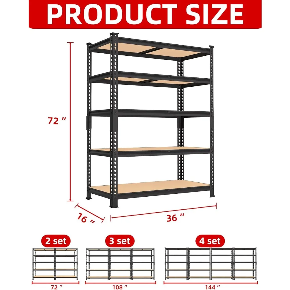 5 Tier Heavy Duty Adjustable Metal Storage Shelves for Garage Utility Rack, 36x16x72 Inch, Space-Saving Shelving System