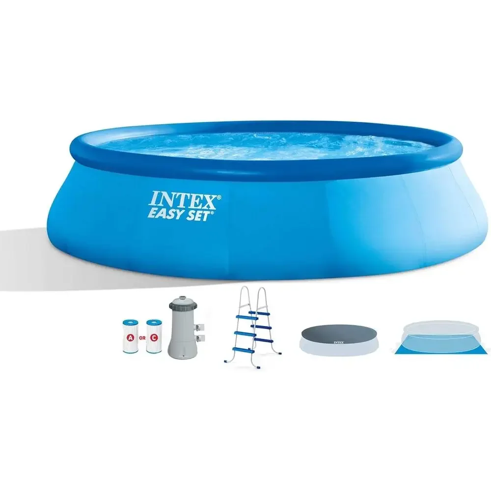 15' Round Above Ground Swimming Pool with Cover, Ladder, and Filter Pump, Blue