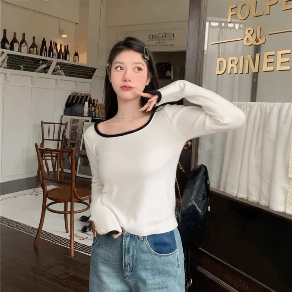 Sweet Autumn Winter Women's Knitted Sweater Inner Wear Square Neck Solid Color Long Sleeve Patchwork T-Shirts Elegant Base Shirt