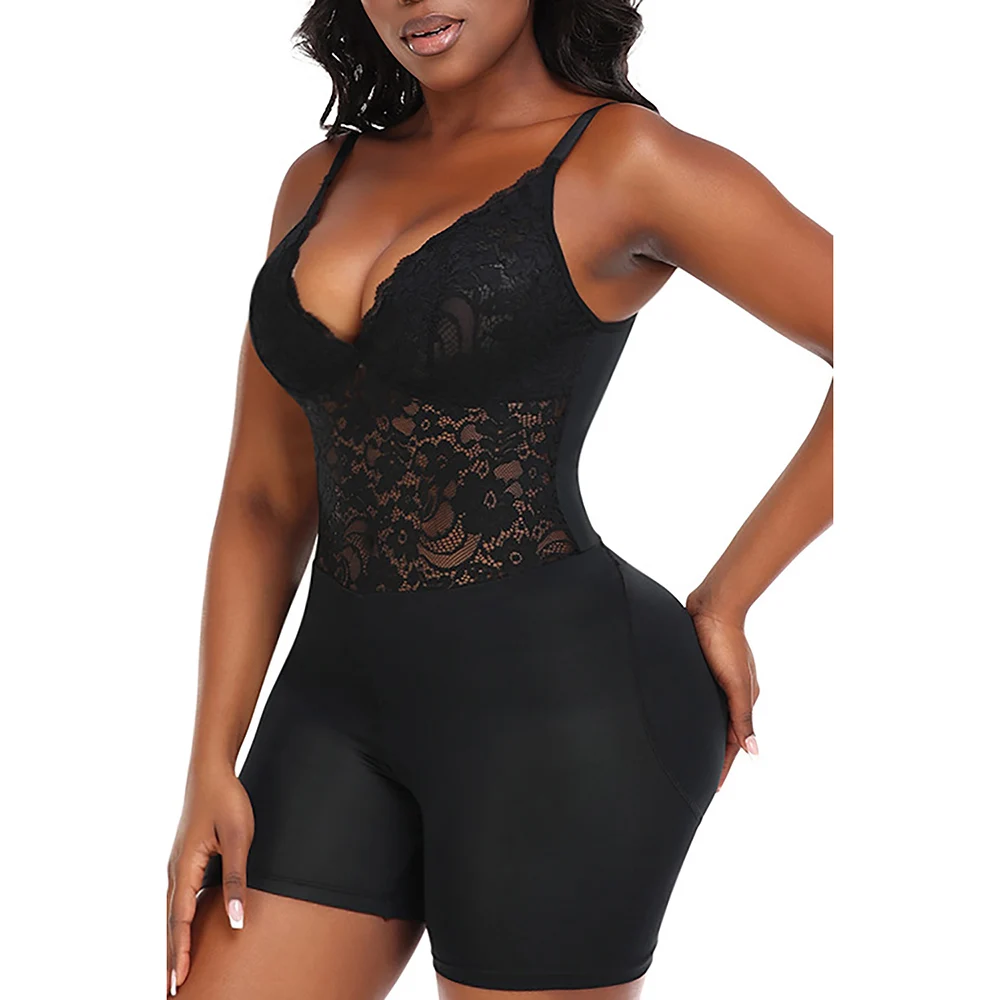 Plus Size Lace Cami Sling Shapewear, Elevador De Bunda Preta, Slim Fit, Decote Em V, Laço Sem Costas, Tank Tops Respiráveis