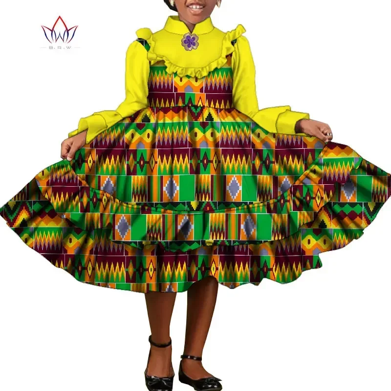 Bintarealwax nova moda áfrica crianças roupas dashiki bonito meninas vestidos bazin babados roupas tradicionais africanas wyt575