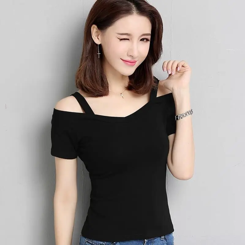 

Summer Women's Off Shoulder Halter Short Sleeve T-shirt Female Line Neck Sexy Slim Top Fashion Solid Color Bottoming Shirt