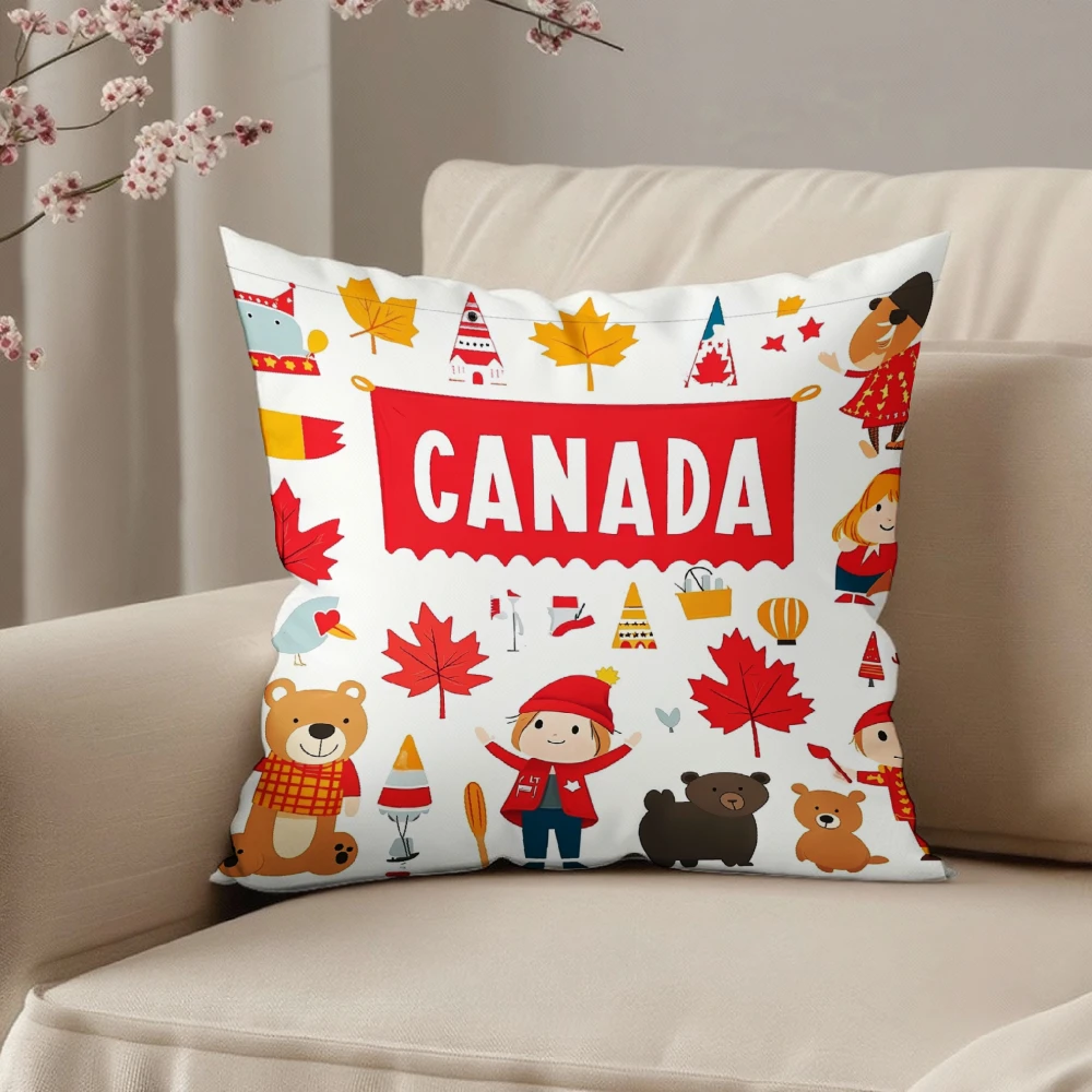 Square Throw Pillow Case White Canada Maple Leaf Bear Cartoon Print For Living Room Sofa Bedroom Home Decor Cushion Cover