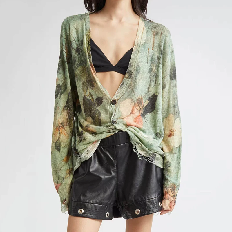 

Women's distressed printed linen knit cardigan, fashionable distressed V-neck top, high-quality shirt, autumn, new style, 2025