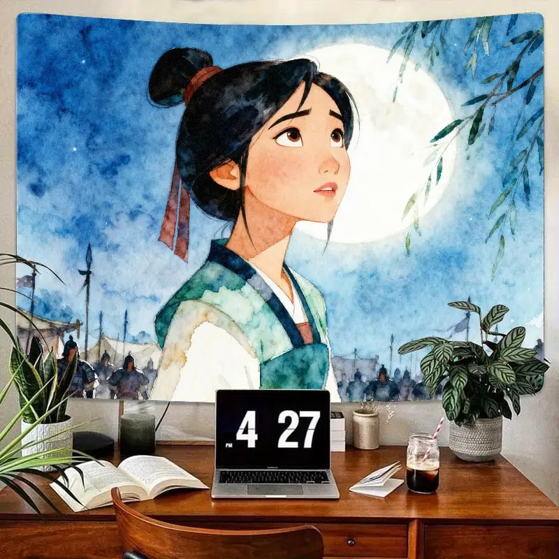 

1PC Mulan Anime Watercolor Tapestry Full Moon Warrior Girl Wall Art Aesthetic Room Decor Gift